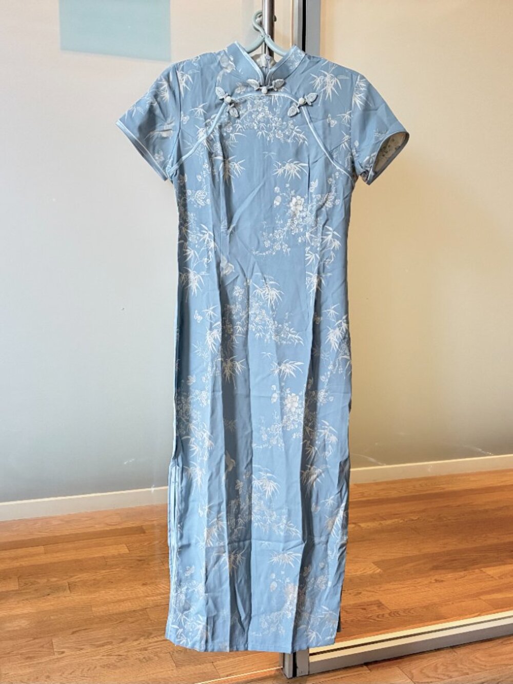 Blue Silver Flora Satin Qipao Long Dress - Chinese Cheongsam